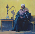 Painting of a person smoking a hookah with a yellow background