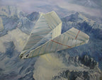 Painting of a paper airplane over mountainous landscape