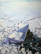 Paper boat on a frozen water surface with cracked ice