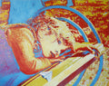 Colorful artwork of a child playing with a toy airplane against a vibrant background