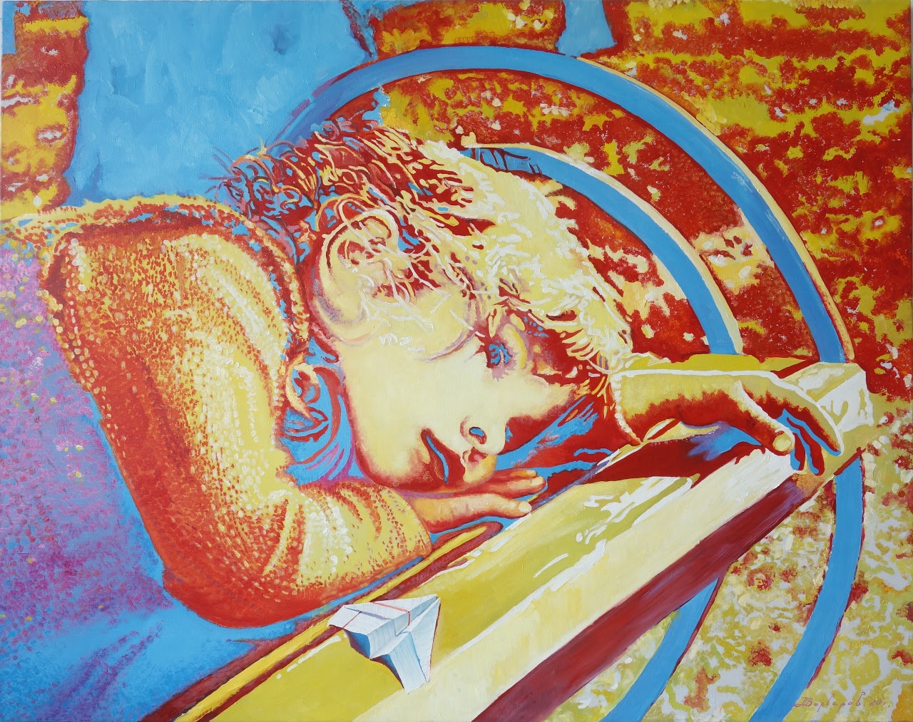 Colorful artwork of a child playing with a toy airplane against a vibrant background
