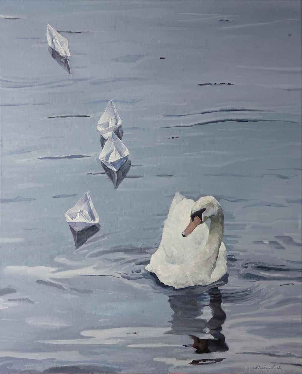 Swan floating on water with icebergs in the background