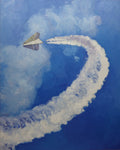 Painting of a paper airplane leaving a trail in the sky