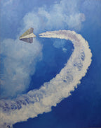Painting of a paper airplane leaving a trail in the sky
