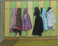 Colorful coats hanging on a wooden locker with green and yellow panels.