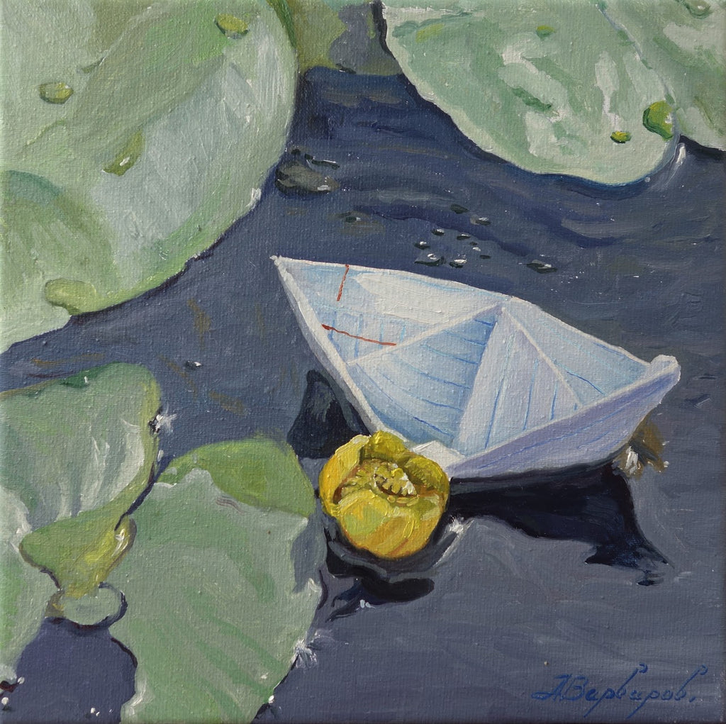 Painting of a paper boat on water surrounded by lily pads