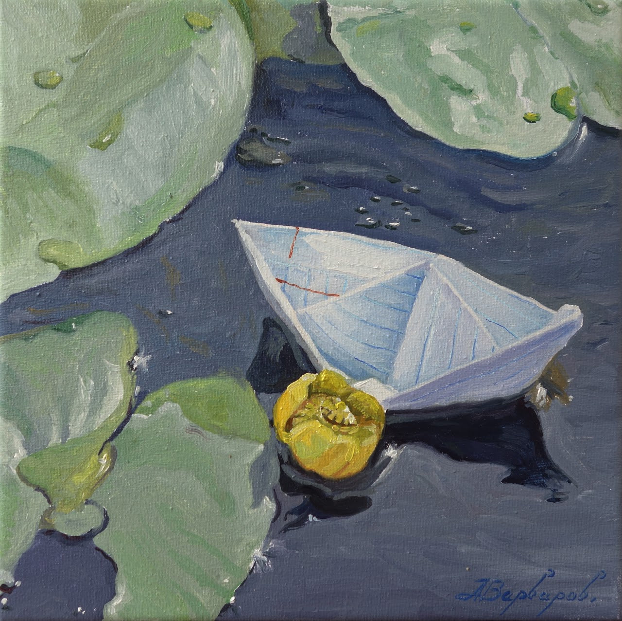 Painting of a paper boat on water surrounded by lily pads
