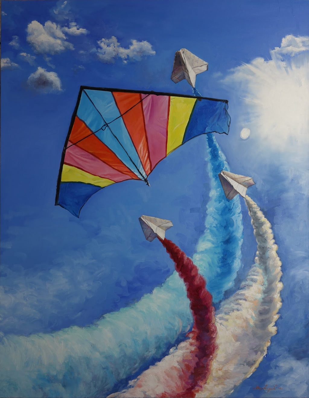Colorful kite with paper airplanes and smoke trails against a blue sky with clouds