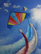 Colorful kite with paper airplanes and smoke trails against a blue sky with clouds