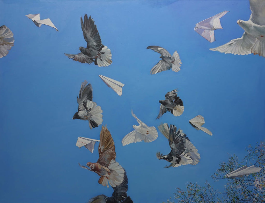 Birds flying against a blue sky with paper airplanes.