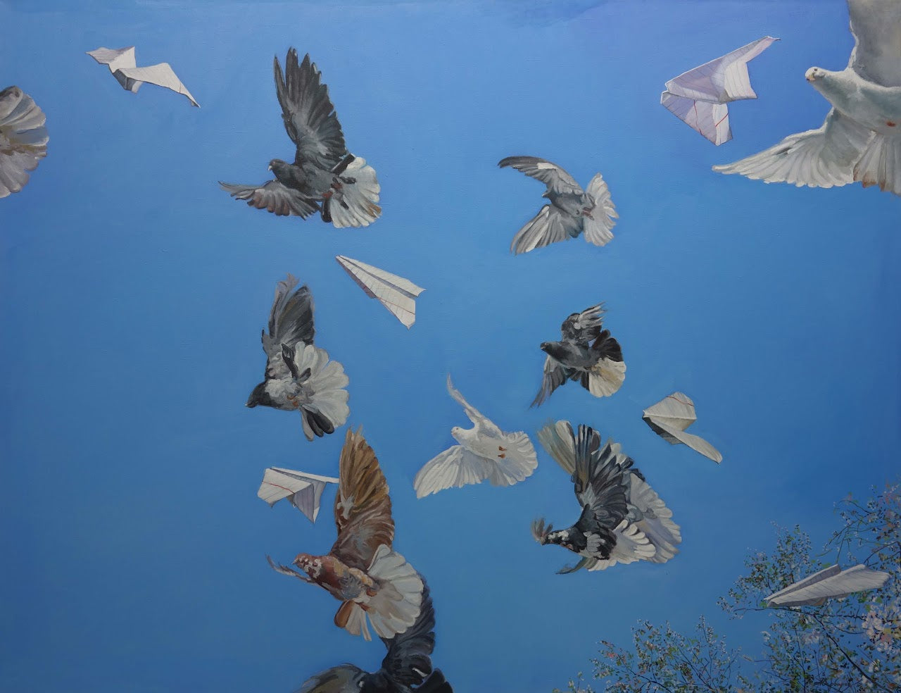 Birds flying against a blue sky with paper airplanes.