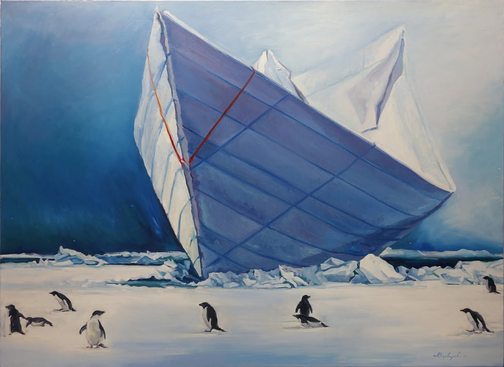 Painting of penguins near a large iceberg with a sail-like structure.