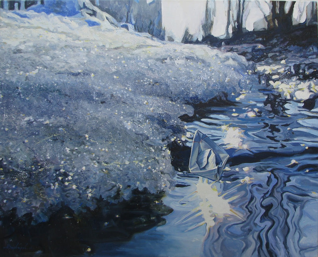 Winter landscape with snow-covered ground and a small stream reflecting ice.