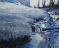 Winter landscape with snow-covered ground and a small stream reflecting ice.