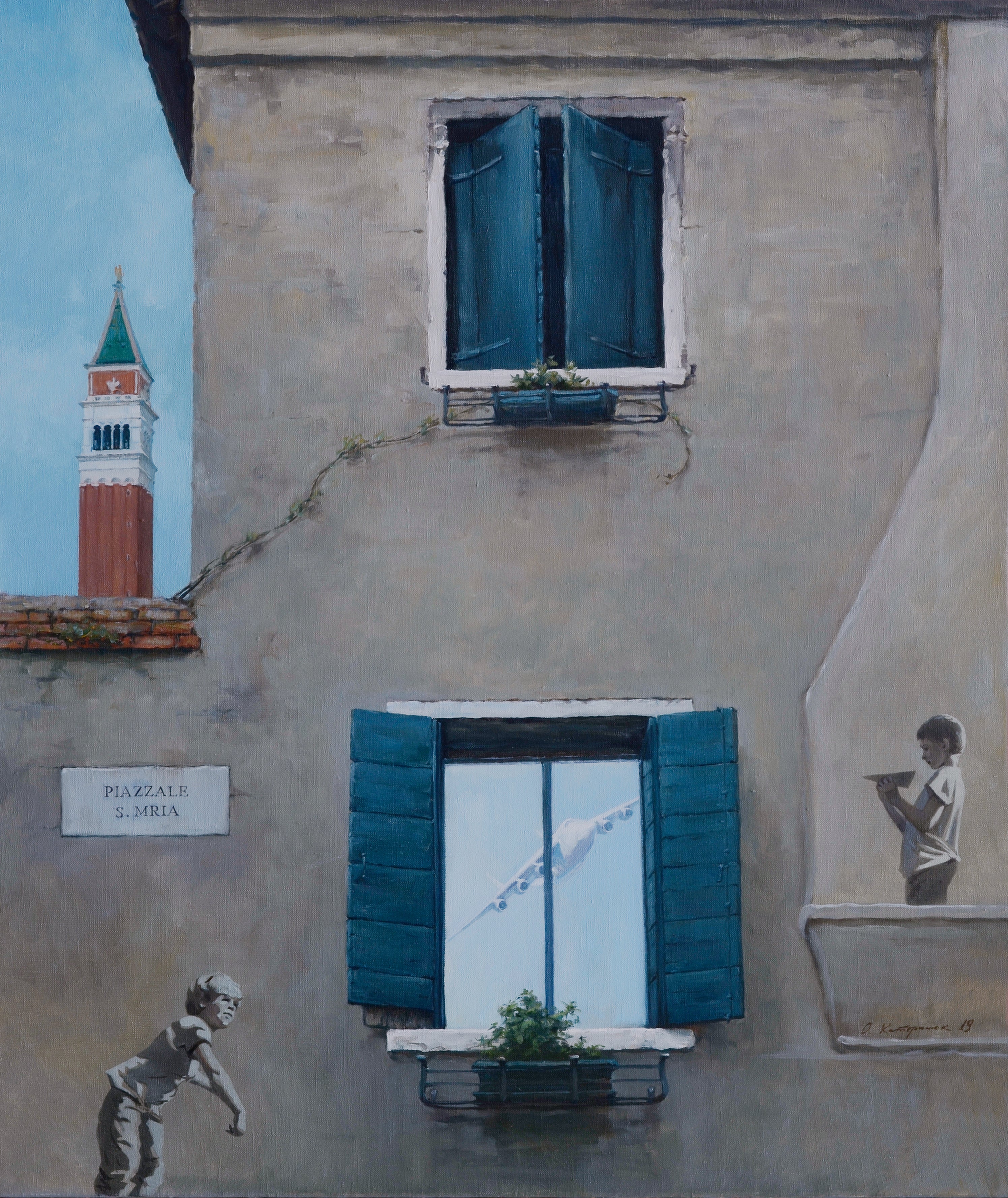 Painting of a building facade with blue shutters, a child, and a bell tower.