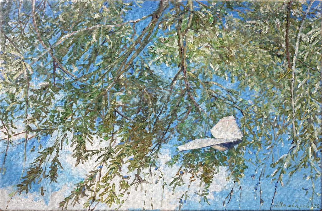 Painting of a bird perched on a branch with a blue sky background