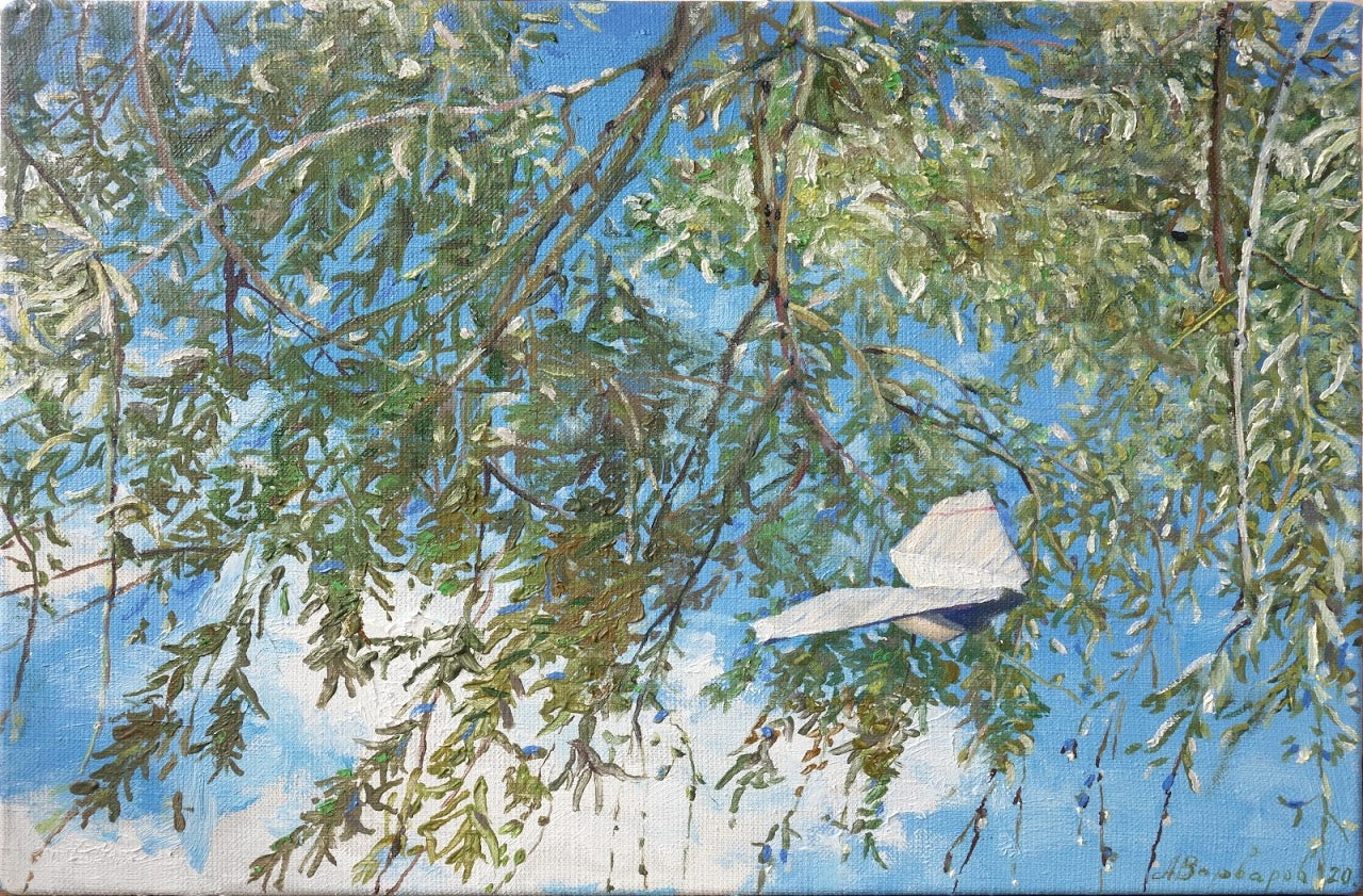 Painting of a bird perched on a branch with a blue sky background