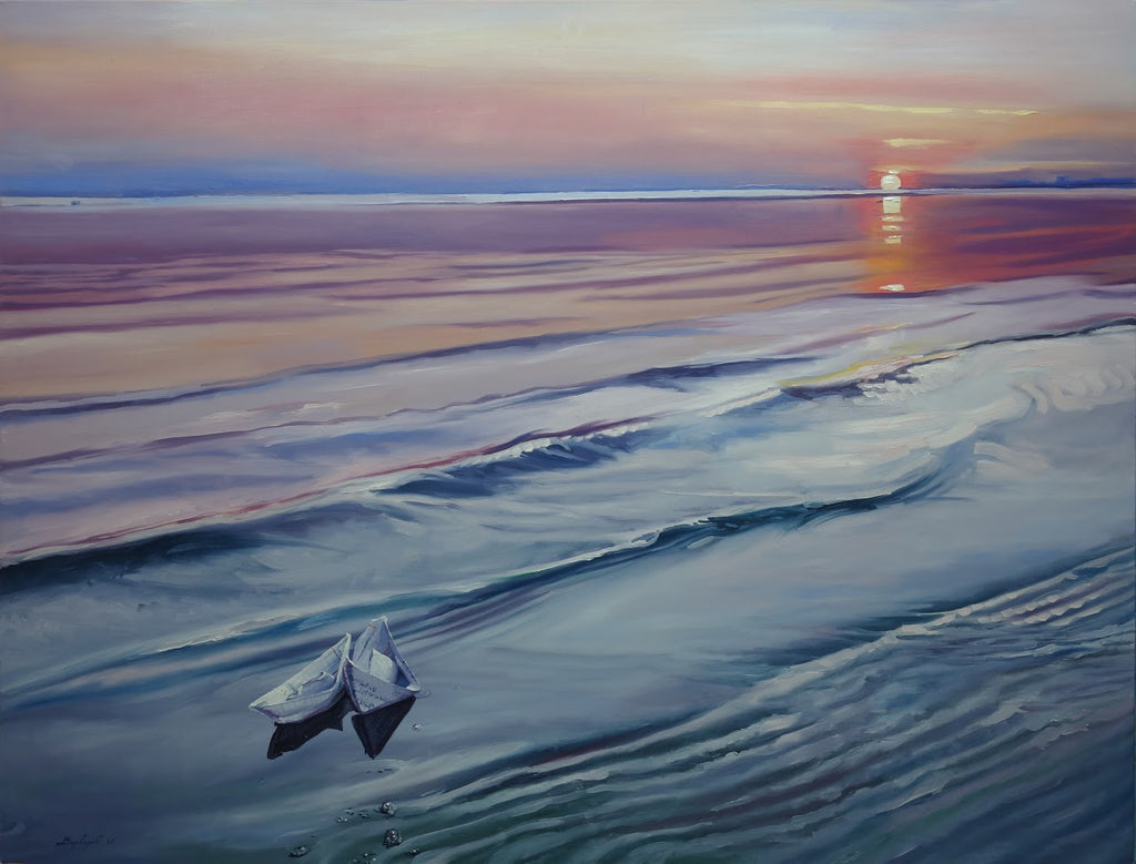 Painting of a small boat on water with a sunset in the background