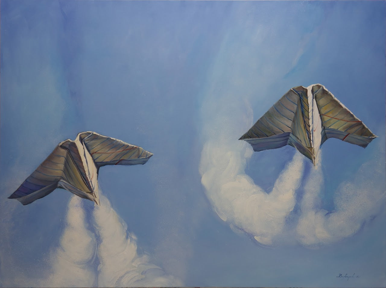 Two paper airplane designs flying against a blue sky with white clouds.