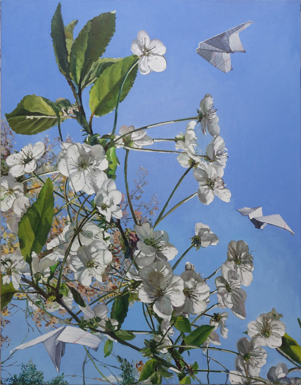 White flowers with green leaves against a blue sky with paper airplanes.
