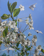 White flowers with green leaves against a blue sky with paper airplanes.