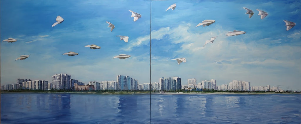 Two panels of a painting showing a city skyline with birds flying over water.