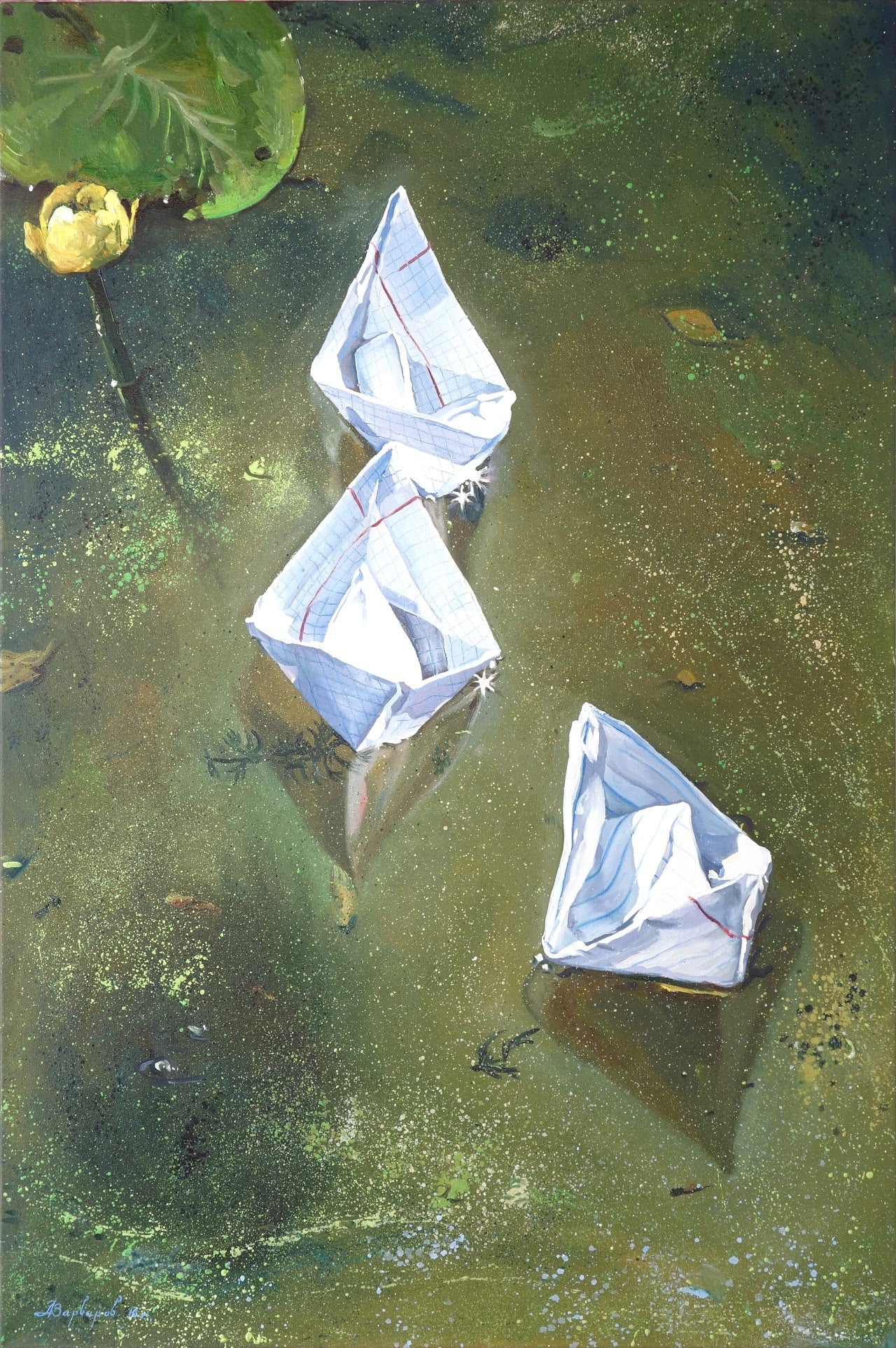 Three white paper boats floating on a body of water with green algae.