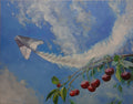 Painting of a paper airplane in flight with cherries on a branch below.