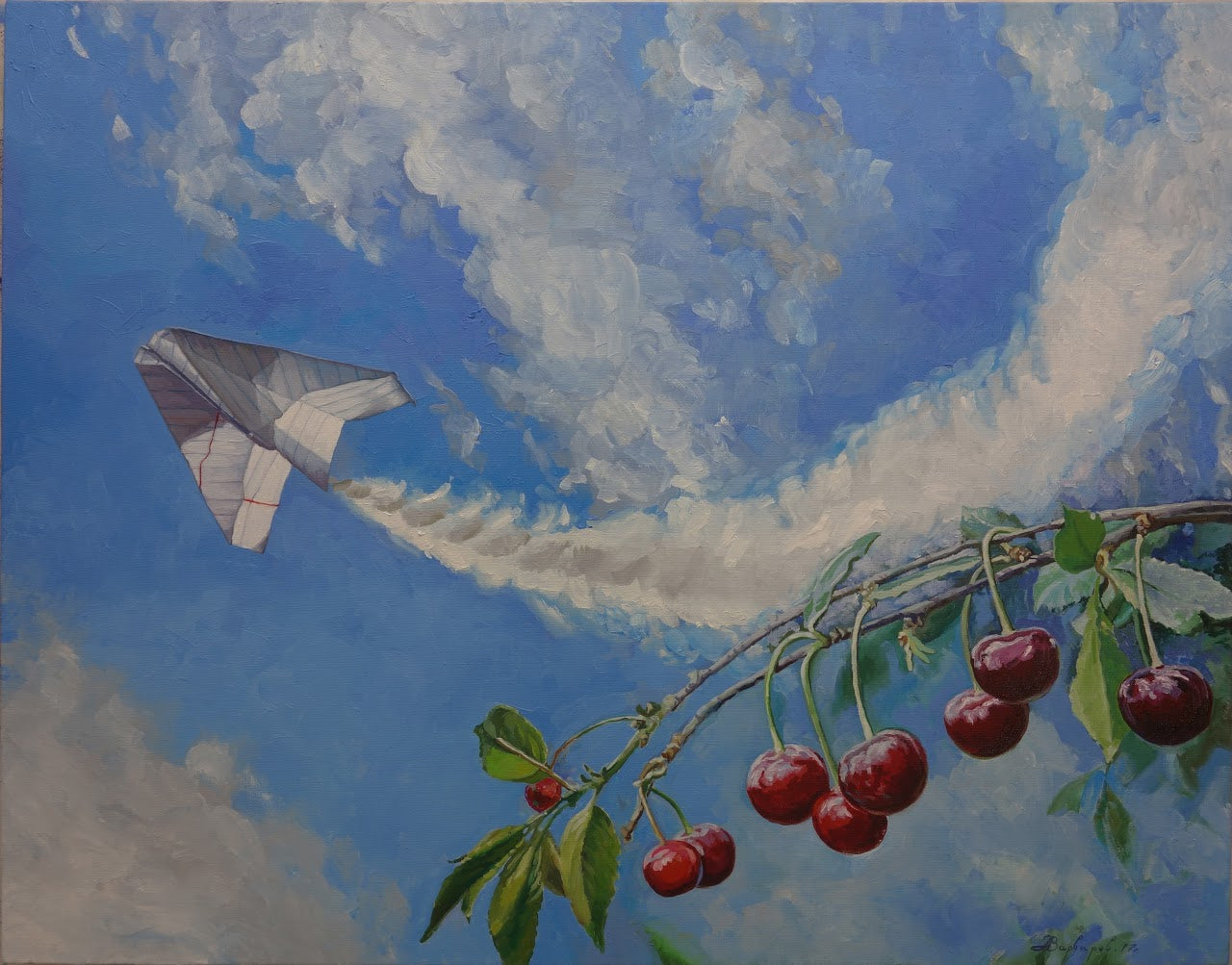 Painting of a paper airplane in flight with cherries on a branch below.