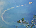 Painting of a fighter jet leaving a trail in the sky with cherry blossoms in the foreground.