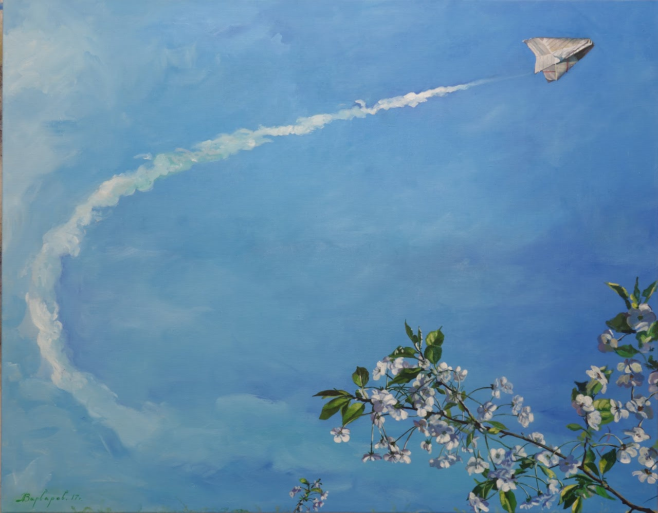 Painting of a fighter jet leaving a trail in the sky with cherry blossoms in the foreground.