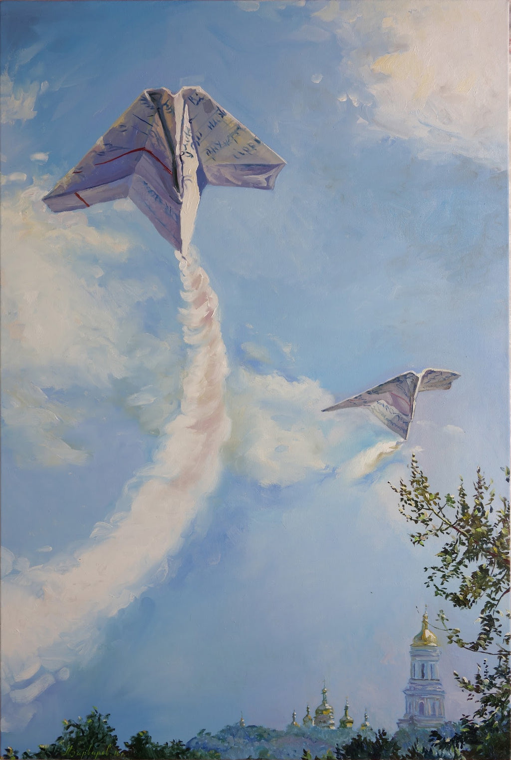 Two fighter jets flying in formation with a church spire in the background