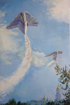 Two fighter jets flying in formation with a church spire in the background