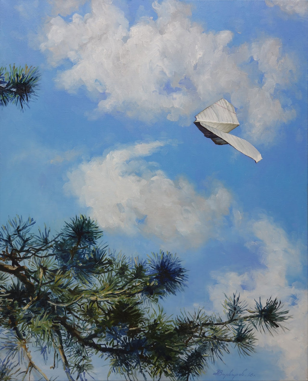 Painting of a white kite flying in a blue sky with clouds and tree branches.