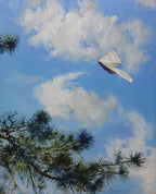Painting of a white kite flying in a blue sky with clouds and tree branches.
