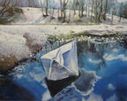 Paper boat floating on water with a snowy landscape in the background