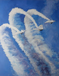 Two airplanes performing aerial acrobatics with smoke trails against a blue sky.