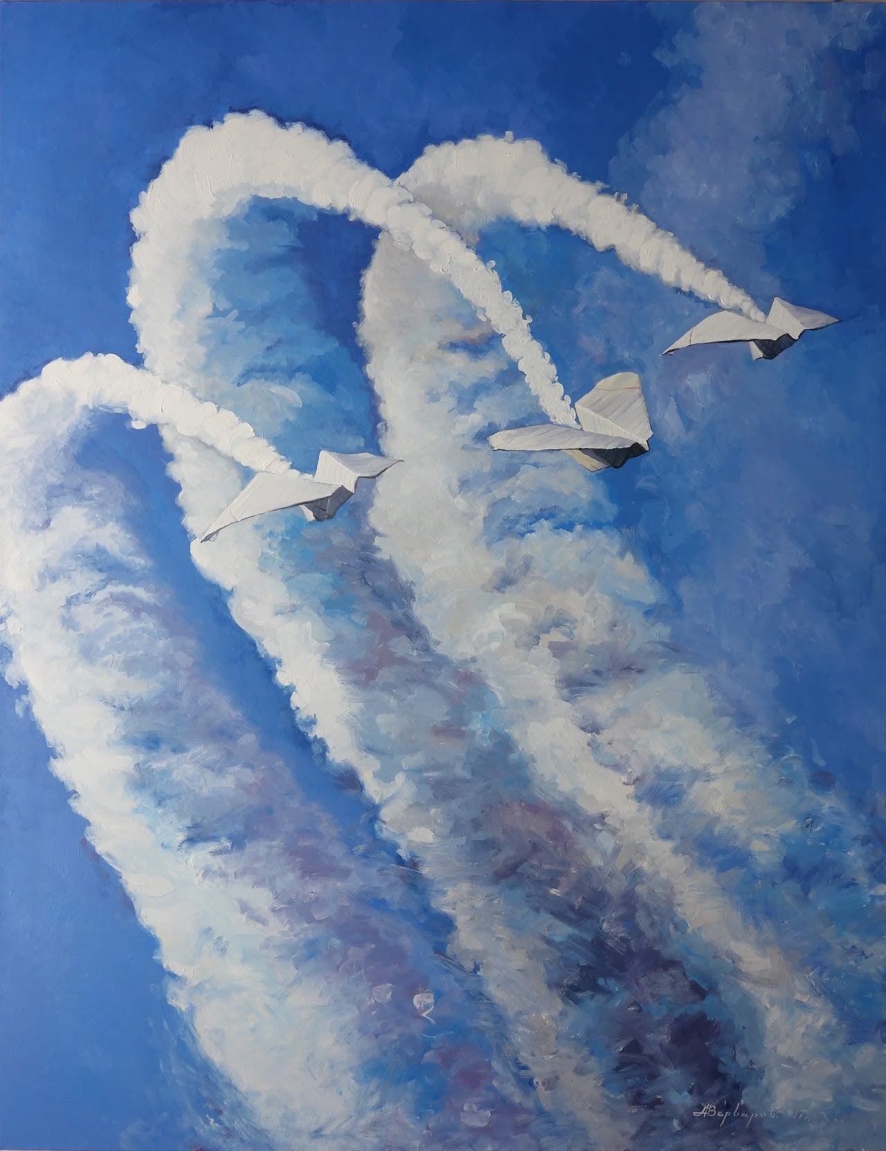 Two airplanes performing aerial acrobatics with smoke trails against a blue sky.