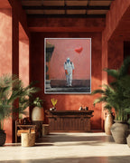 Artistic depiction of a figure with a red balloon in a room with plants and wooden furniture.