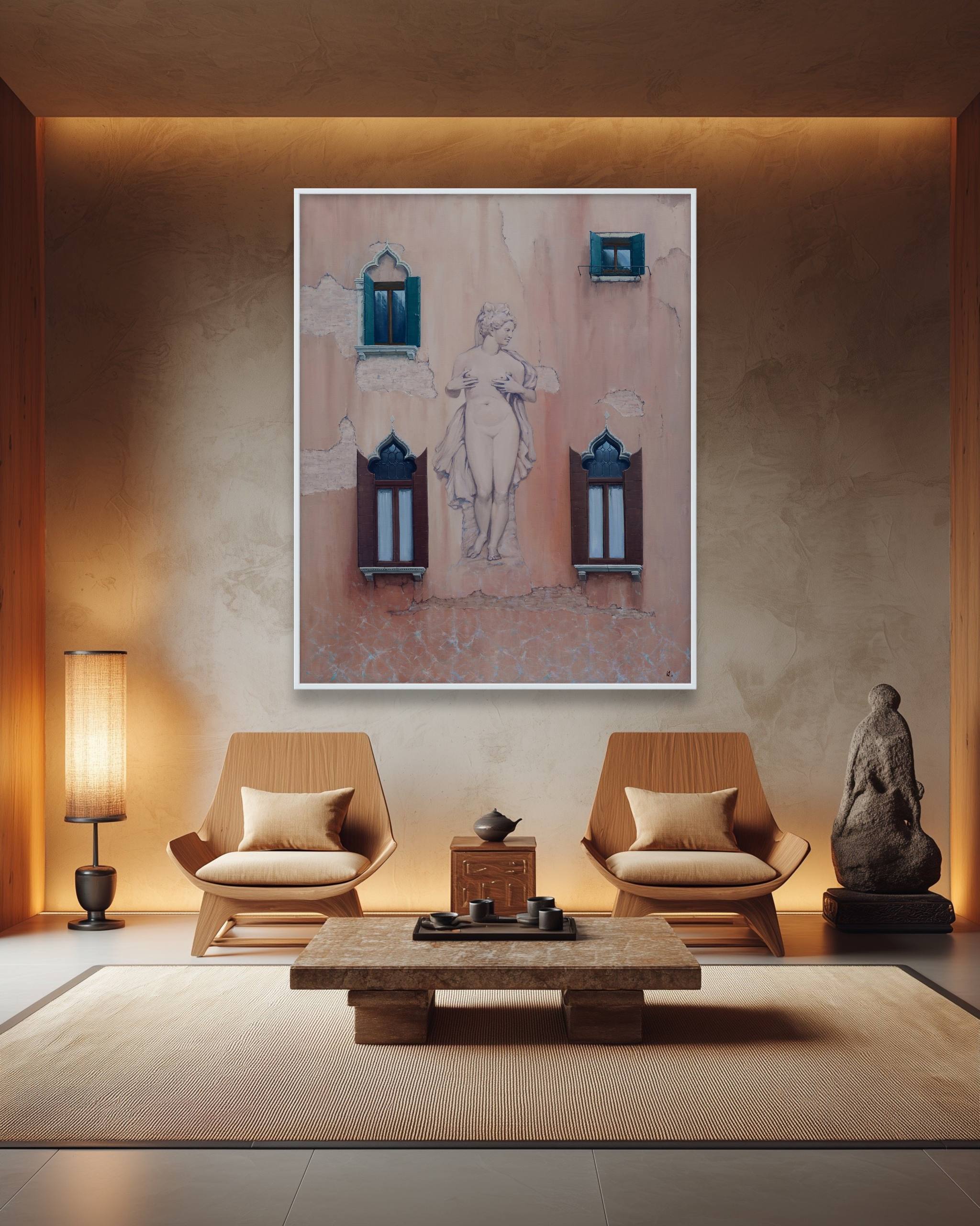 Modern living room with two chairs, a coffee table, and a wall art piece.