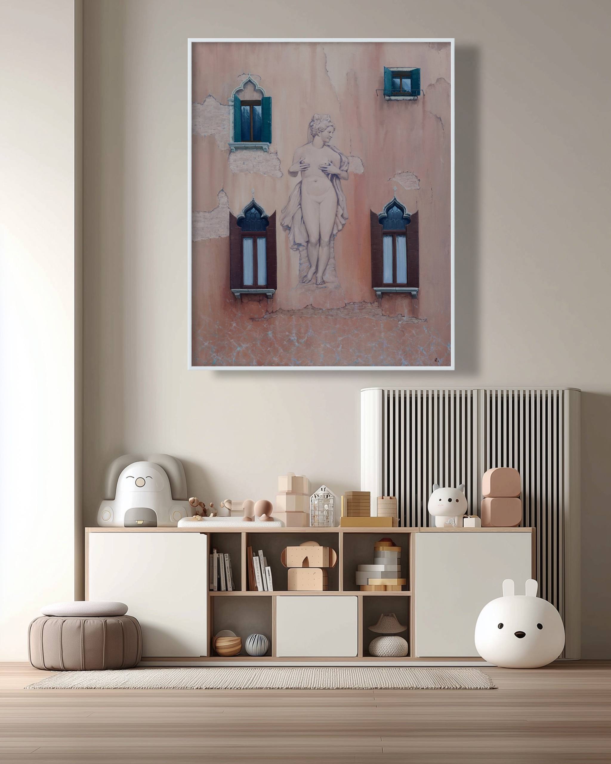 Framed artwork above a shelf with decorative items in a room setting