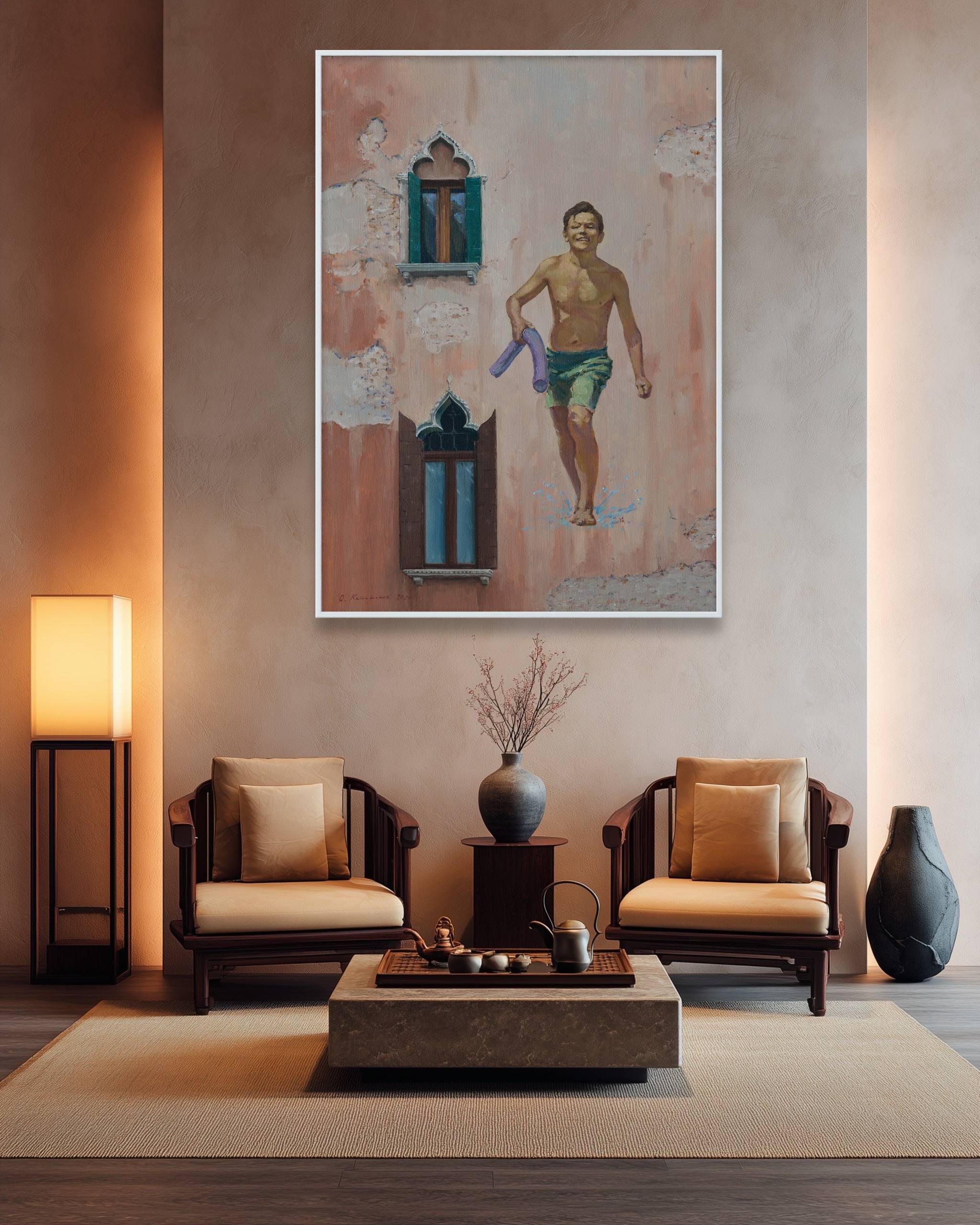 Living room with wooden chairs, a coffee table, and a painting on the wall.