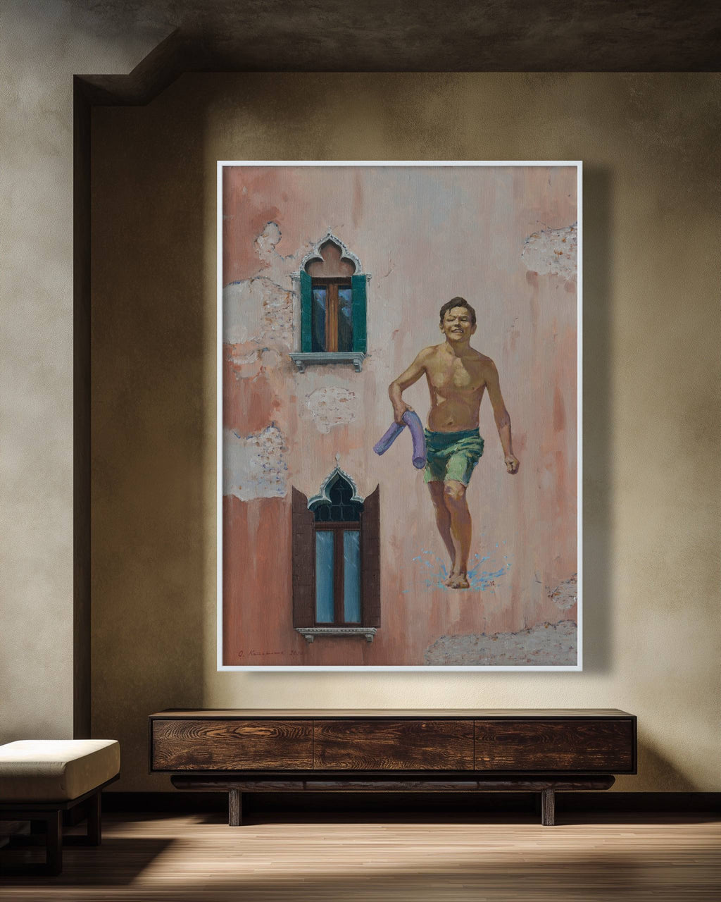 Framed artwork of a man walking with a towel against a textured wall.