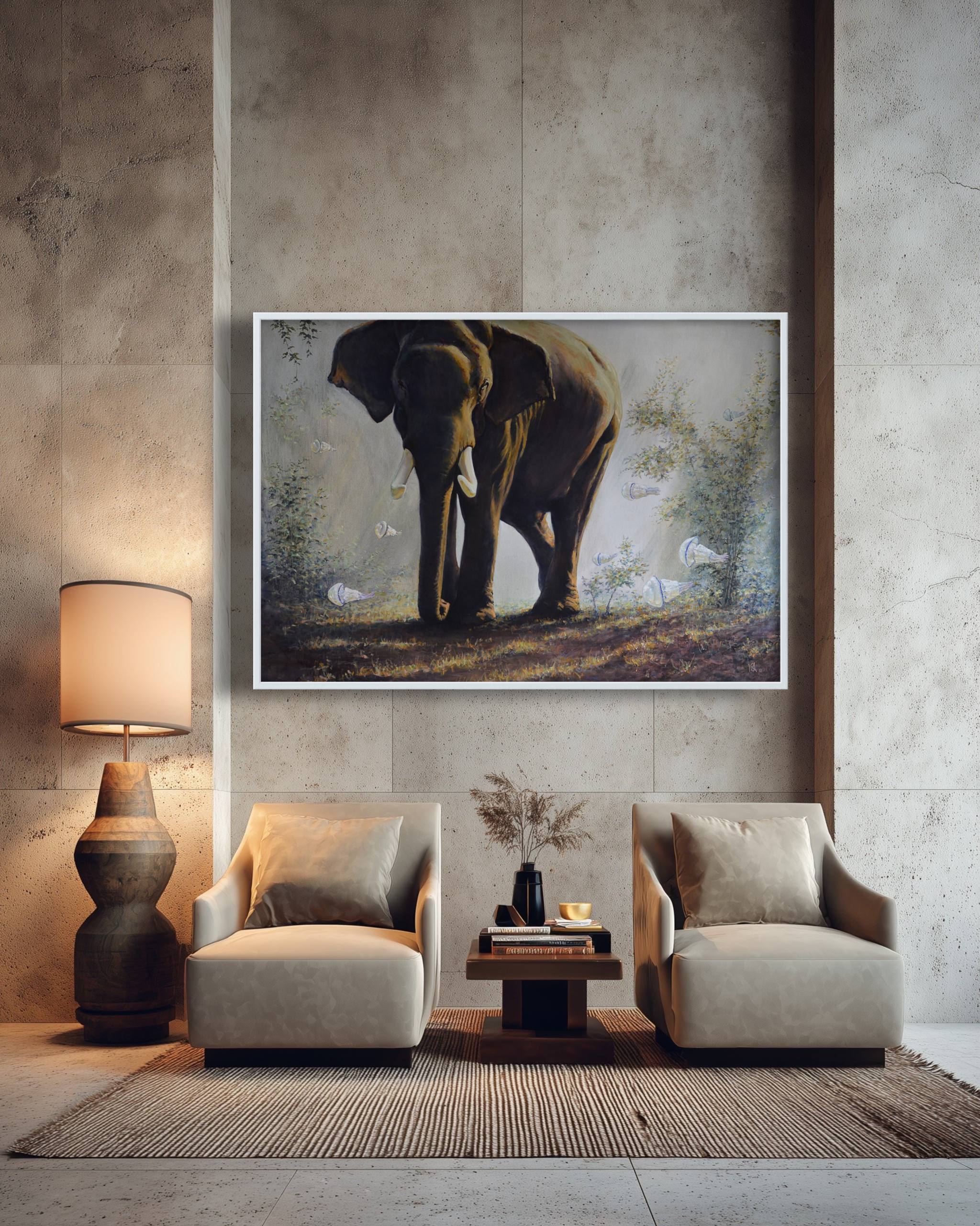 Modern living room with a framed elephant painting on the wall.