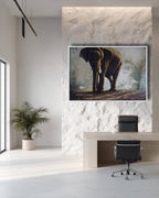 Modern interior with a large elephant painting on the wall, a plant, and a chair.