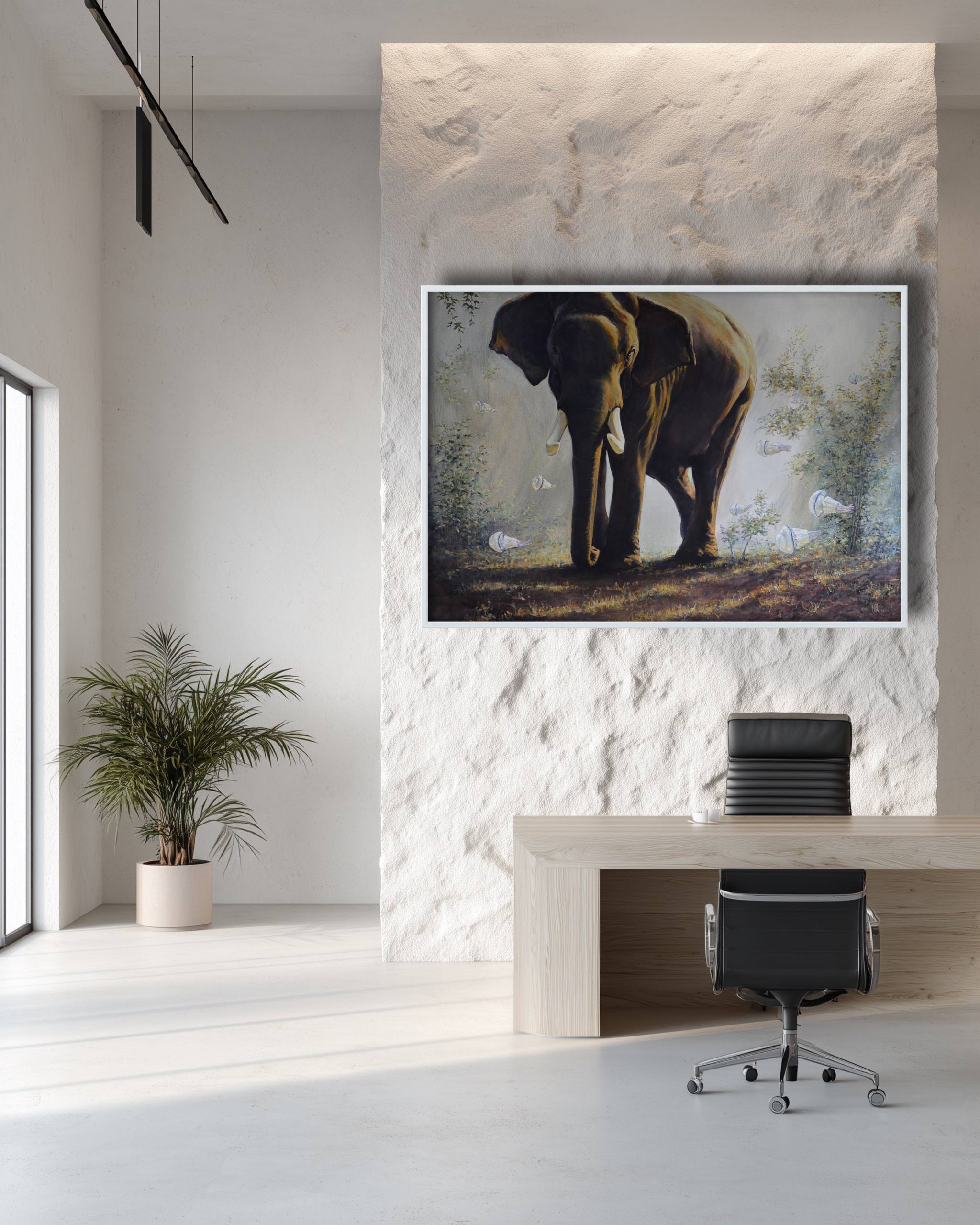 Modern interior with a large elephant painting on the wall, a plant, and a chair.