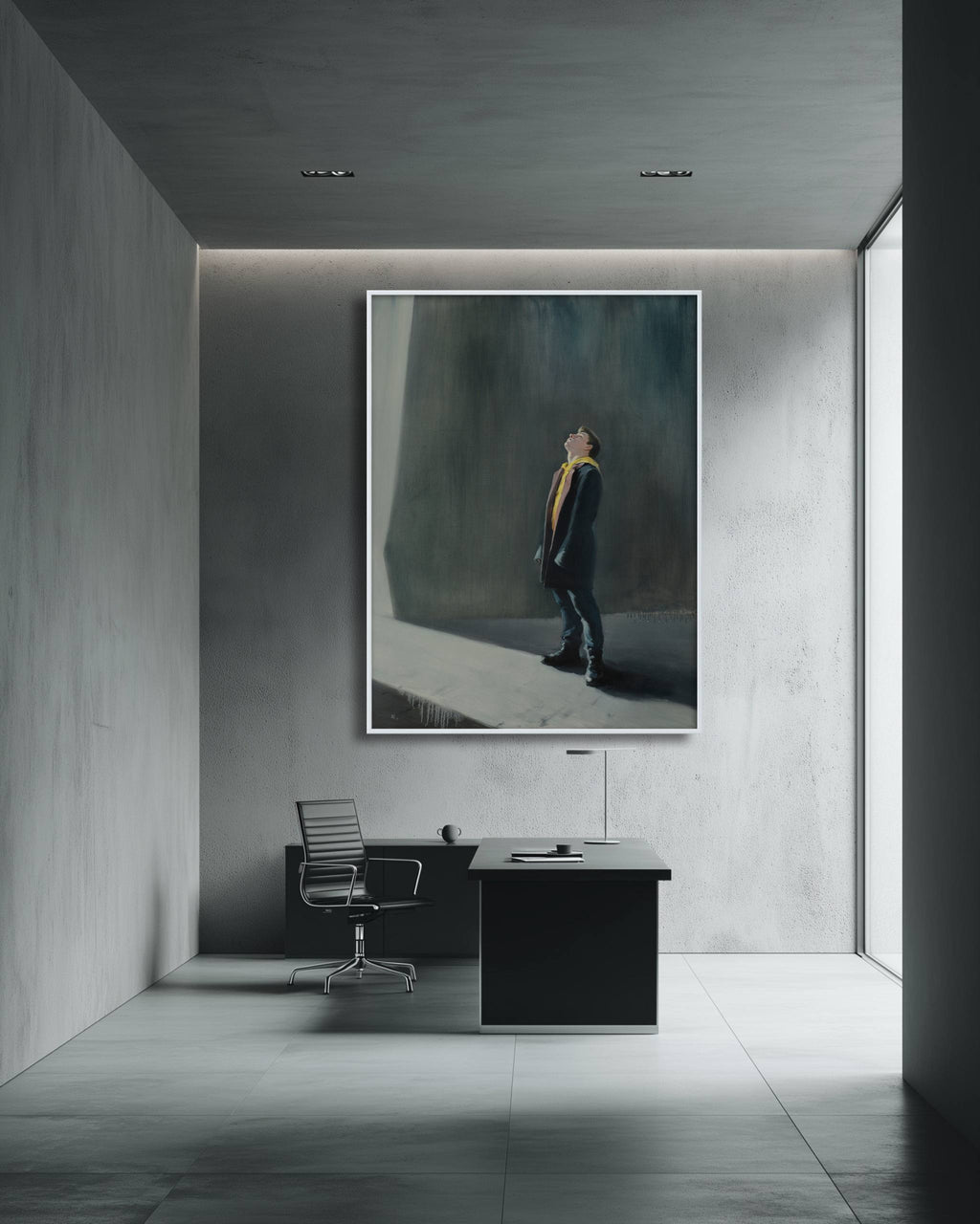 Modern office interior with a large abstract painting on the wall.