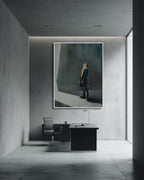 Modern office interior with a large abstract painting on the wall.