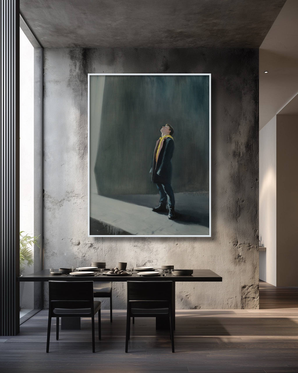 Dining room with a large framed artwork on the wall