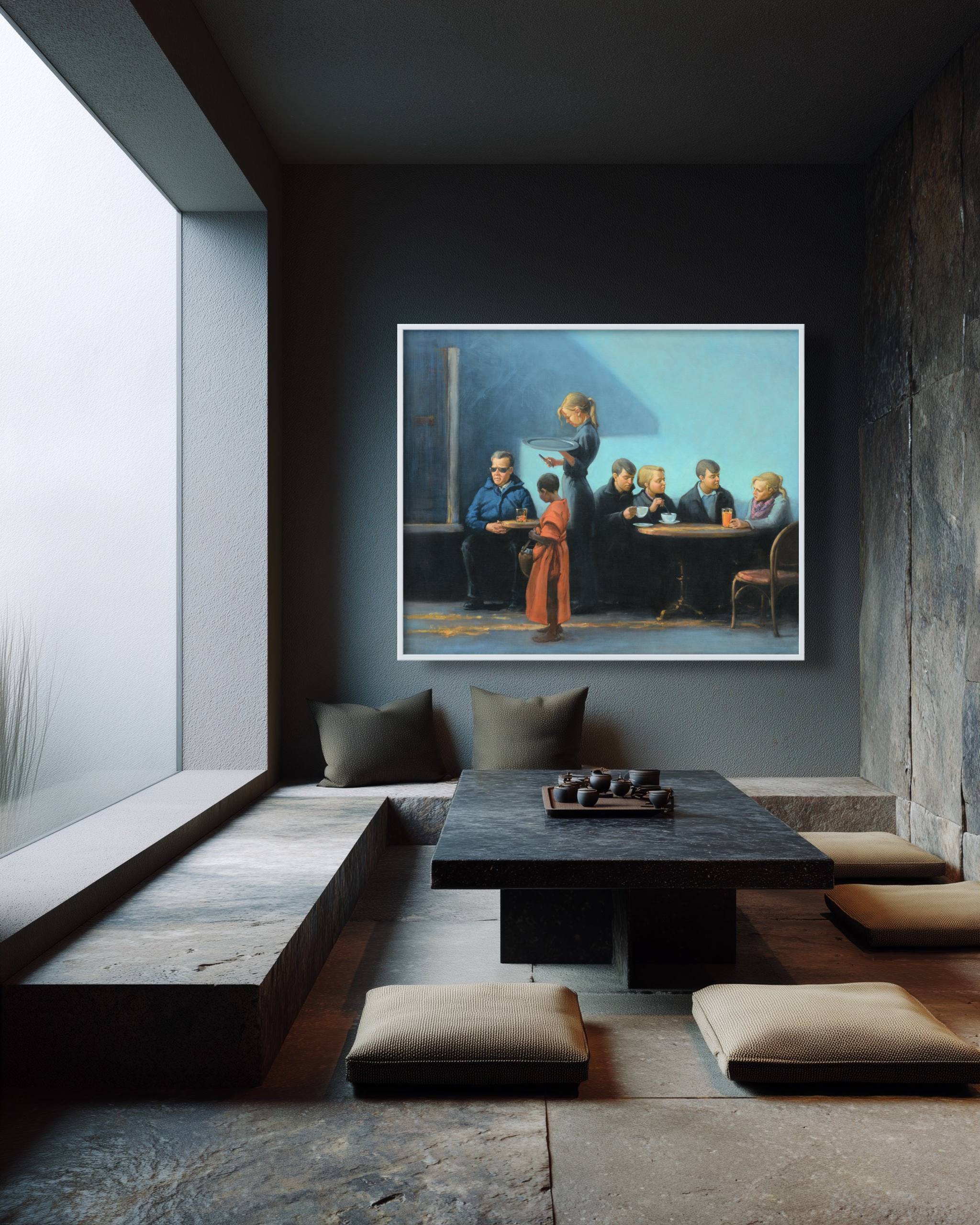 Modern interior with a painting on the wall above a table and chairs.